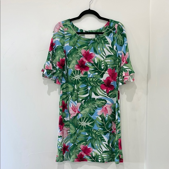 Pappagallo Womens Tropical Floral Shift Dress S Green Pink Ruffle Sleeve Vacay - Picture 2 of 12